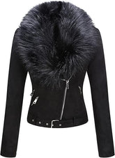 Black Faux  fur Leather Coat-Women